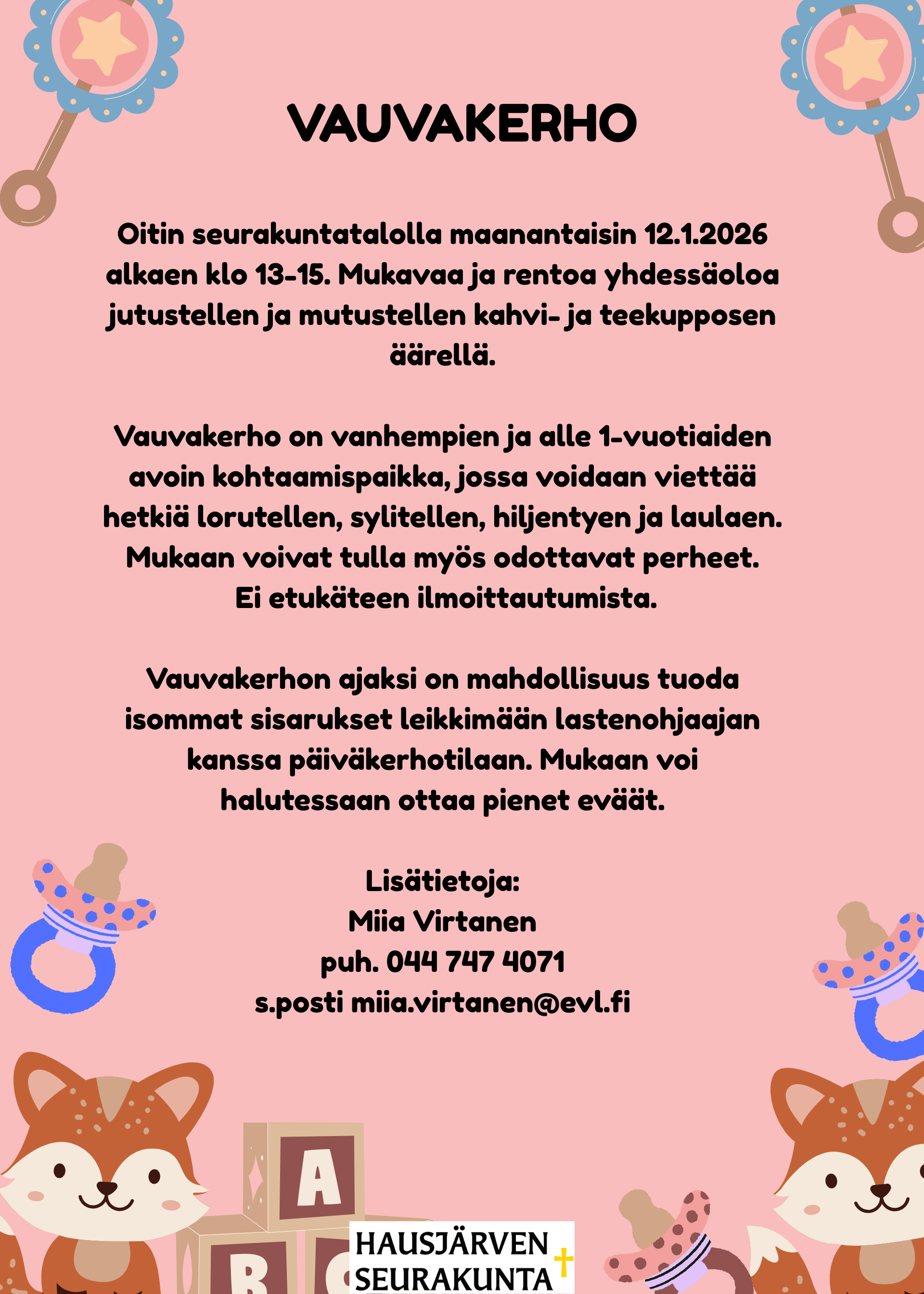 Mainos vauvakerhosta Oitin seurakuntatalolla